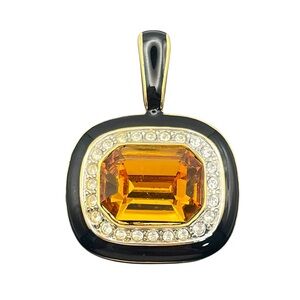 Emerald cut orange rhinestone runway inspired black enamel gold tone pendant